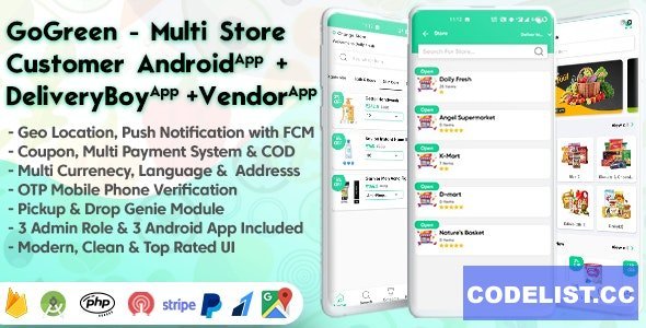 GoGreen v1.6 - Food, Grocery, Pharmacy Multi Store(Vendor) Android App with Interactive Admin Panel