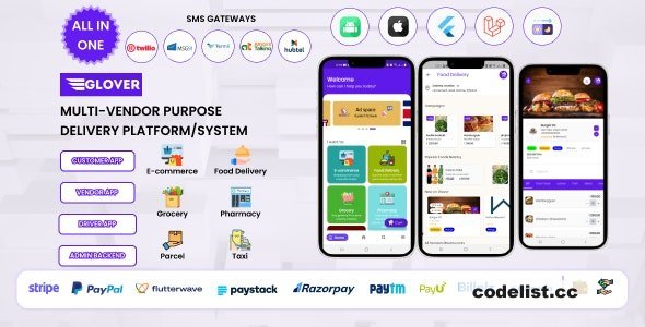 Glover v1.6.6 – Grocery, Food, Pharmacy Courier & Service Provider + Backend + Driver & Vendor app - nulled