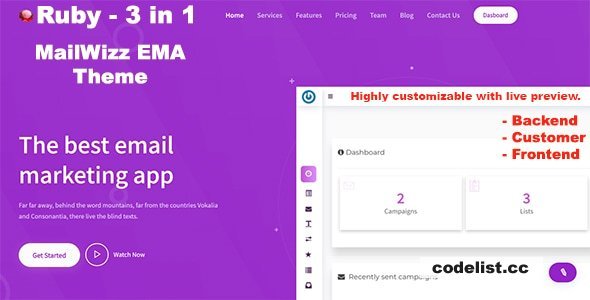 Ruby v1.2.1 - 3 in 1 Mailwizz Modern Customizable Theme with Landing Page