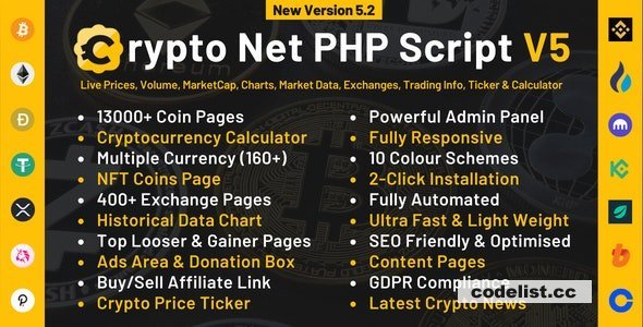 Crypto Net v5.5 - CoinMarketCap, Prices, Chart, Exchanges, Crypto Tracker, Calculator &amp; Ticker PHP Script
