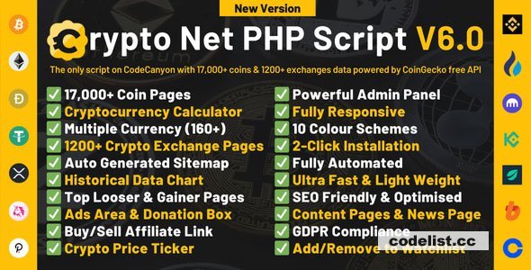 Crypto Net v6.0 - CoinMarketCap, Prices, Chart, Exchanges, Crypto Tracker, Calculator & Ticker PHP Script