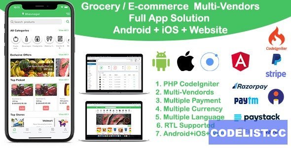 grocery / delivery services / ecommerce multi vendors(Android + iOS + Website) ionic 5 / CodeIgniter v11.0