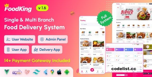 FoodKing v1.6 - Restaurant Food Delivery System with Admin Panel &amp; Delivery Man App - nulled