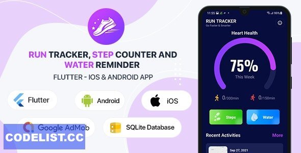 Run Tracker, Step Counter and Water Reminder v1.4 - Flutter Android &amp; iOS App (20 Languages)